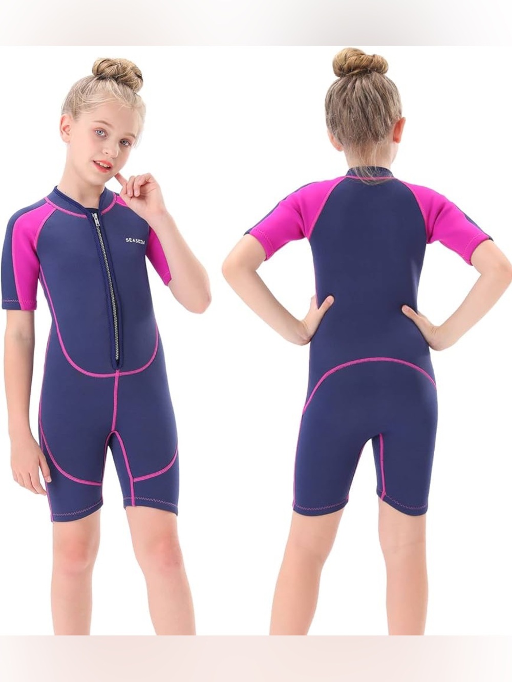 Seaskin Kids Navy Blue Purple Shorty Wetsuit sz 8